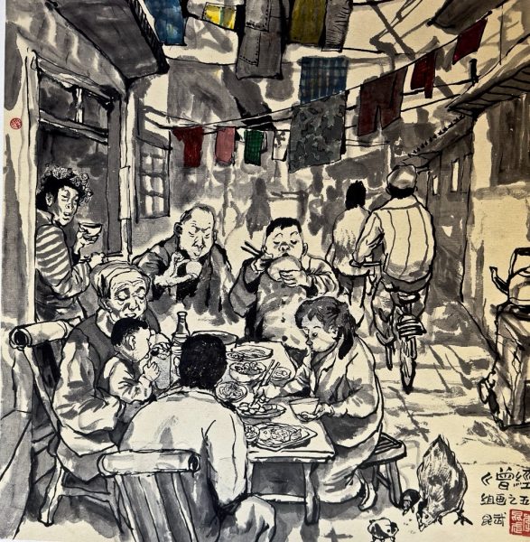 Li Kunwu, Le repas de famille, 2023, encre de chine sur papier de riz, 80 x 80 cm @Li Kunwu & Est-Ouest 371
